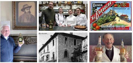 Qui sopra in senso orario Armando Bianchi, proprietario del ristorante albergo “Al Borducan”, sovrastato da cappellaccio e gran barba del bisnonno creatore del liquore, Davide Bregonzio, classe 1843, poi il gestore Riccardo Santinon insieme a Sophia, Martina e Alessia, quindi un'antica etichetta delle bottiglie di elixir, Bruno Bregonzio con le bottiglie di Borducan e una vecchia fotografia del ristorante albergo