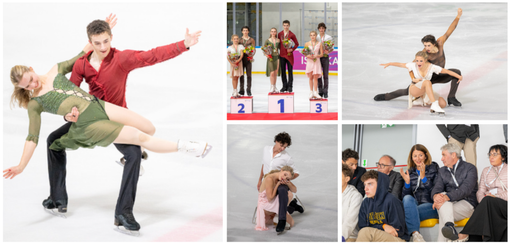 A destra la coppia Usa d'oro nella danza, qui sopra in senso orario il podio, i francesi d'argento, il sindaco Davide Galimberti e il vicesindaco Ivana Perusin in tribuna e i canadesi di bronzo