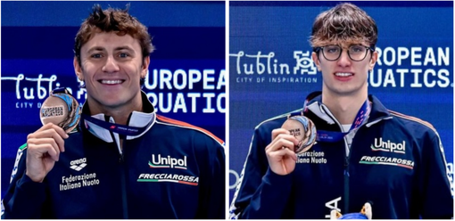 Nicolò Martinenghi, azzatese di 26 anni, e Francesco Lazzari, angerese, 21 anni il 15 dicembre sul podio degli Europei in vasca corta di Lublino in Polonia (Foto tratte da Federazione Italiana Nuoto -  Deepbluemedia)