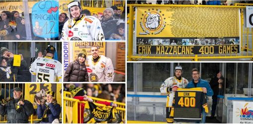 Erik Mazzacane omaggiato sugli spalti da uno straordinario omaggio con le sue foto e le sue 400 partite in giallonero e, poi, sul ghiaccio con la maglia speciale consegnata dal presidente Carlo Bino (foto Alessandro Umberto Galbiati)