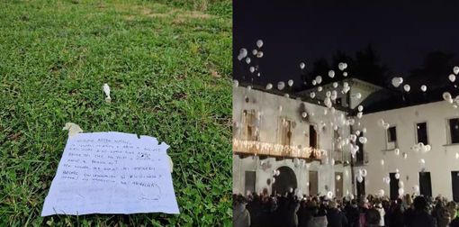 La letterina postata sulla pagina Facebook Podere Casanova Montepulciano e, a destra, il lancio dei palloncini a Villa Gonzaga