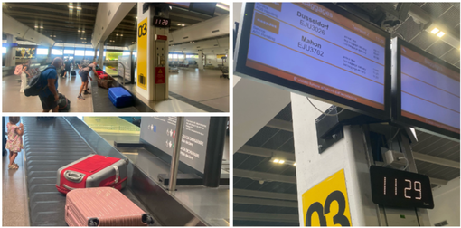 Domenica 17 agosto: il volo EasyJet da MInorca al Terminal 2 di Malpensa atterra alle 11.05 e alle 11.29 in punto (foto a destra) tutti i bagagli sono già stati riconsegnati ai molti turisti al ritorno dalle vacanze