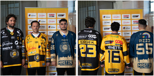 Marcello Borghi con la maglia nera da trasferta, Andrea Vanetti con quella gialla casalinga e Alessio Piroso in oro con la divisa pre game (Foto Alberto Bernasconi) Marcello Borghi con la maglia nera da trasferta, Andrea Vanetti con quella gialla casalinga e Alessio Piroso in oro con la divisa pre game (Foto Alberto Bernasconi)