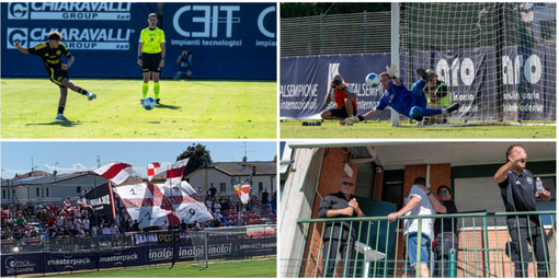 Dall'alto in senso orario il rigore decisivo di Larhrib, la parata determinante di Lorenzi, la gioia dei Di Caro e di Spilli e il tifo della curva del Varese (foto Alessandro Umberto Galbiati)