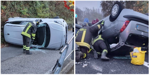 Da sinistra: l'auto ribaltata a Maccagno e i soccorsi in azione sulla 336 Da sinistra: l'auto ribaltata a Maccagno e i soccorsi in azione sulla 336