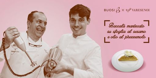 Buosi da mangiare - Baccalà mantecato su sfoglia al sesamo e olio al prezzemolo