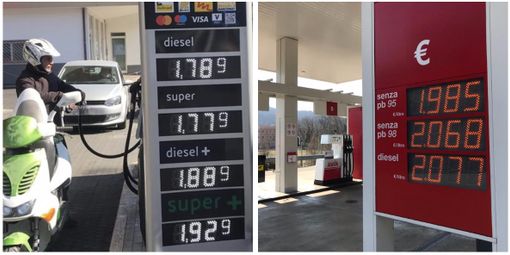 In foto i prezzi al distributore di via Matteotti ad Arcisate e, a destra, uno di quelli oltre confine a Gaggiolo In foto i prezzi al distributore di via Matteotti ad Arcisate e, a destra, uno di quelli oltre confine a Gaggiolo