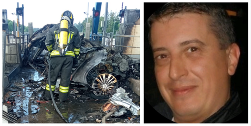 A sinistra: l'auto distrutta dalle fiamme. A destra: la vittima, Pietro Balzarini (foto Matteo Inzaghi Rete55.it)