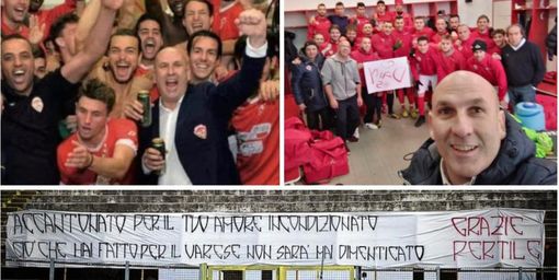 Stefano Pertile felice con i ragazzi della terza categoria e con quelli della salvezza a Sanremo. Qui sopra lo striscione di saluto della curva