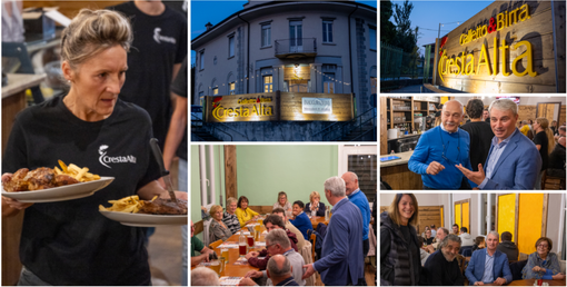 Inaugurato ieri sera il Cresta Alta, locale che nell'ex Circolo di San Fermo in via Brennero punta su galletto alla brace e birra artigianale. Qui sopra a destra nella seconda foto il sindaco Galimberti con il presidente della Cooperativa di Valle Olona, Luigi Vanetti, e più in basso con il vicesindaco Perusin, l'assessore Malerba e Luisa Oprandi