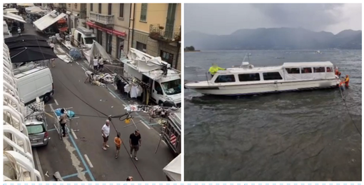 A sinistra: i danni del vento al mercato di Luino (foto da LuinoNotizie.it). A destra: i vigili del fuoco al lavoro per il natante incagliato sempre a Luino