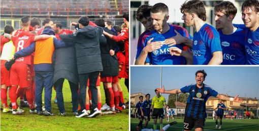 Il gruppo del Varese saprà reagire? In alto a destra la Varesina attorno a capitan Gasparri e Mondoni-gol nella Solbia (foto Macchi - Scaringi - Lucchi)