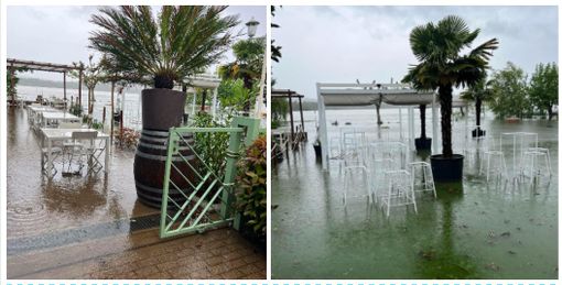 La attuale situazione al Village, con l'acqua che si divora la spiaggia e il dehor, sfiorando il ristorante La attuale situazione al Village, con l'acqua che si divora la spiaggia e il dehor, sfiorando il ristorante