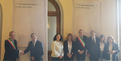 Il nome di Giorgio Paglini inciso sulla lastra dei benemeriti: «Tra coloro che hanno reso grande Busto»