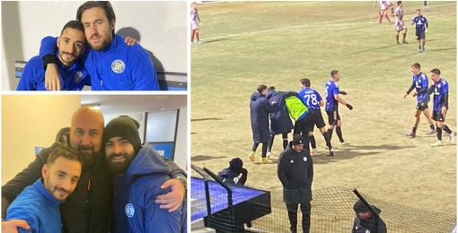 Dall'alto in senso orario Torraca insieme al gemello Scapinello, la gioia al gol decisivo dell'attaccante che trascina la Solbiatese in finale di Coppa e l'abbraccio del direttore Gorrasi con Torraca e Puka Dall'alto in senso orario Torraca insieme al gemello Scapinello, la gioia al gol decisivo dell'attaccante che trascina la Solbiatese in finale di Coppa e l'abbraccio del direttore Gorrasi con Torraca e Puka