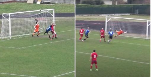 La traversa colpita da Torraca (a sinistra) e il miracolo del portiere dell'Ispra Oniscodi sul colpo di testa di Gabrielli (destra)