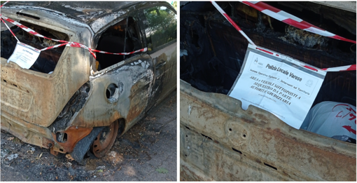 Le foto inviate in redazione dal lettore con le auto incendiate e abbandonate da mesi e mesi in via Parini alle Bustecche con gli ultimi fogli apposti su un nastro adesivo