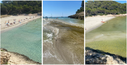 La caletta incontaminata di Trebaluger a Minorca prima (a sinistra), durante l'irruzione del fiume che travolge l'argine e dopo qualche minuto (a destra): l'acqua da turchese è verde. Sotto in gallery le immagini prima, durante e dopo il fenomeno che ha fatto temere il peggio a tanti turisti, anche italiani e varesini La caletta incontaminata di Trebaluger a Minorca prima (a sinistra), durante l'irruzione del fiume che travolge l'argine e dopo qualche minuto (a destra): l'acqua da turchese è verde. Sotto in gallery le immagini prima, durante e dopo il fenomeno che ha fatto temere il peggio a tanti turisti, anche italiani e varesini
