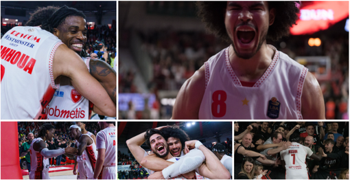 In senso orario: l'urlo di Nkamhoua, la curva che ingloba Assui, l'abbraccio tra lo stesso finlandese e Alviti, l'eroe Iroegbu che festeggia con Moore e tutti i compagni: immagini dell'amore che scatena la Pallacanestro Varese (Foto Fabio Averna)