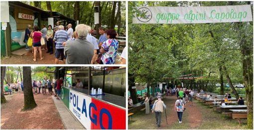 In fila una domenica di luglio ad attendere di gustare sulle tavolate nel bosco i piatti semplici e ruspanti della Festa degli Alpini di Capolago