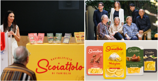 Nuovo logo e rebranding per lo Scoiattolo: a sinistra Alice Galli, responsabile comunicazione e marketing dell'azienda varesina, alla presentazione milanese di oggi a Robilant; sopra a destra foto di famiglia e le quattro nuove linee che racchiudono i prodotti del raviolificio