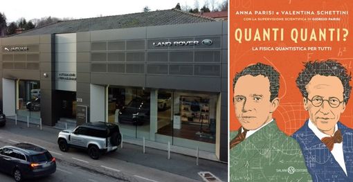 Autosalone Internazionale, in viale Aguggiari 213, e la copertina del libro "Quanti quanti? La fisica quantistica per tutti"