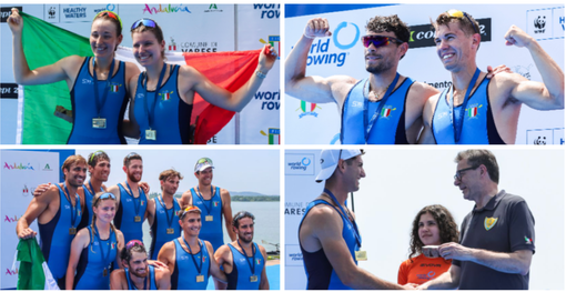 L'oro di Alice Codato, prima in alto a sinistra, insieme a Laura Meriano nel due senza e l'argento di Gabriel Soares (è il primo a sinistra in alto nella foto) con Niels Torre nel doppio. Qui sopra l'otto di bronzo con Giovanni Codato e Francesco Pallozzi della Gavirate e il ministro Giorgetti mentre premia il quattro di coppia d'oro (foto Emanuele Scordo)