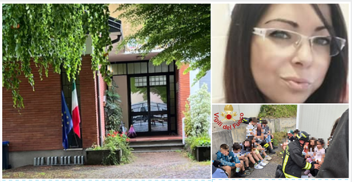 A sinistra: la scuola primaria Pascoli di Cazzago Brabbia. Nei riquadri la vittima Domenica Russo e alcuni bambini messi in sicurezza dai vigili del fuoco durante le operazioni di soccorso A sinistra: la scuola primaria Pascoli di Cazzago Brabbia. Nei riquadri la vittima Domenica Russo e alcuni bambini messi in sicurezza dai vigili del fuoco durante le operazioni di soccorso