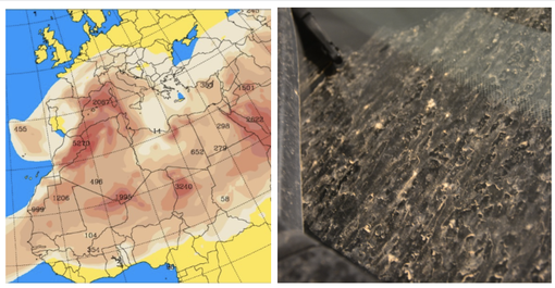 Da sinistra: la mappa delle correnti nordafricane e gli effetti delle polvere color ocra sulle auto a Varese (foto dal Centro Geofisico Prealpino)