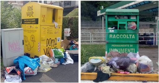 Il cassonetto della raccolta di indumenti usati situato in viale Borri, vicino al supermercato MD, e quello all'uscita del Centro Commerciale Belforte, ironia della sorte proprio a un passo dalla discarica di via dell'Ecologia