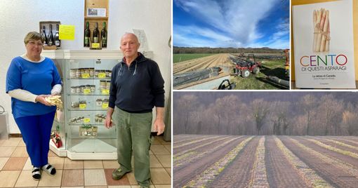 Antonella e Giacomo nel punto vendita della loro azienda agricola; i loro campi coltivati; il libro "Cento di questi asparagi"