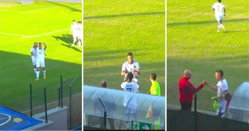 Luis Carlos Martínez Lucas, 29 anni, in festa e poi sommerso di applausi e dell'abbraccio di mister Tricarico all'uscita dal campo Luis Carlos Martínez Lucas, 29 anni, in festa e poi sommerso di applausi e dell'abbraccio di mister Tricarico all'uscita dal campo