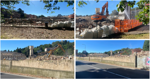 I lavori di demolizione in corso nella mattinata di oggi, sabato 28 giugno, all'ex Aermacchi: abbattuta l'ex palazzina comunale, spiccano in lontananza la torre e l'hangar principale che verrà recuperato e ospiterà piscina olimpica e spazi sportivi