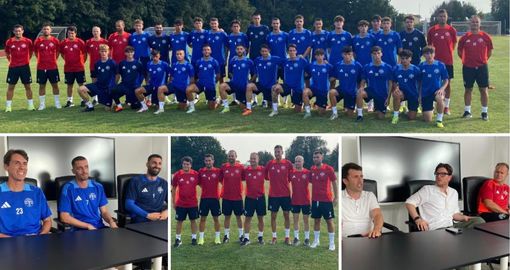 La nuova Varesina (in grande) e, qui sopra da sinistra, Mapelli, Gasparri e Chironi, lo staff, il ds Micheli, il dg Max Di Caro, e l'allenatore Spilli