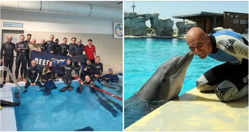 Gli apneisti della Deep Blue Freediving nella piscina dell'Acinque Ice Arena, la loro casa per gli allenamenti, e un maestro mondiale della disciplina come Gianluca Genoni