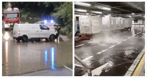 A destra: allagamenti nell'alto Varesotto. A sinistra: un tombino saltato a Malpensa