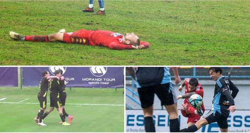 Apprensione per Stefano Banfi (sopra) rimasto a terra a Saluzzo dopo aver picchiato il capo: attendiamo al suo posto di battaglia l'attaccante del Varese, persona vera e stimata da tutti. Qui sopra l'abbraccio a Guri dopo il gol odierno decisivo e Torraca-gol nella Solbia