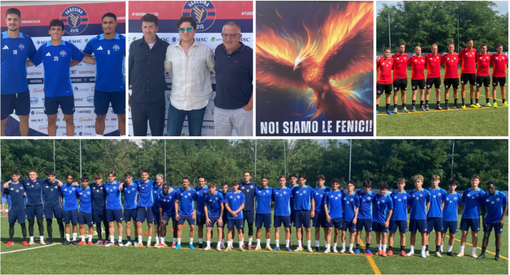 Presentazione della nuova Varesina: dall'alto Sindrit Guri, Roberto Grieco e Dennis Costantino, il ds Micheli, il dg Max Di Caro e il dt Raffaele Ferrara, il muro di Cairate con il simbolo della Fenice e lo staff tecnico guidato da mister Spilli Presentazione della nuova Varesina: dall'alto Sindrit Guri, Roberto Grieco e Dennis Costantino, il ds Micheli, il dg Max Di Caro e il dt Raffaele Ferrara, il muro di Cairate con il simbolo della Fenice e lo staff tecnico guidato da mister Spilli
