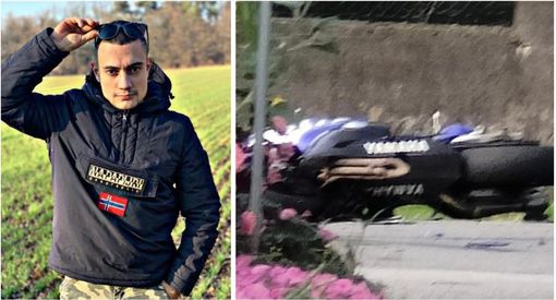 Mattia Vitali e, a destra, la sua Yamaha distesa sull'asfalto dopo il tragico incidente di questa mattina tra Varese e Casciago