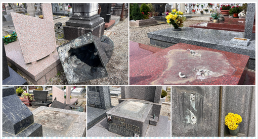 Questa è la scena che si presenta al cimitero di Sant'Ambrogio, tra  i segni delle sculture e dei suppellettili divelti e una grossa statua di una madonna abbattuta e poi abbandonata dai ladri, probabilmente perché troppo pesante