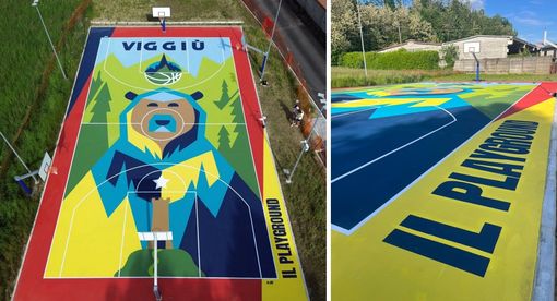 Il nuovo playground con l'orso dipinto (foto Comune di Viggiù)