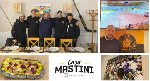 L'inaugurazione di Casa Mastini nel locale "Al Posto Giusto" di Masnago con Bastille, Makinen, lo sponsor, tifoso e proprietario della location Mirko Reto, Pisarenko e capitan Vanetti. Nelle altre foto il logo e la pizza giallonera