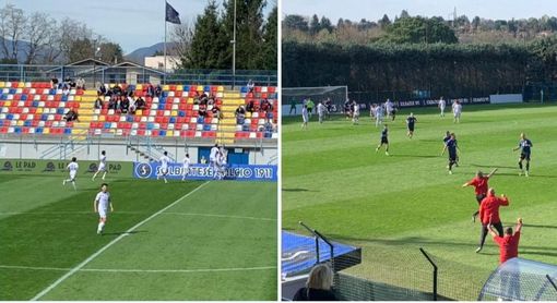 Botta e risposta Pellini (Sestese) e Lorusso (Solbiatese) nell'1-1 del Chinetti (fotogallery Federico Galbiati)