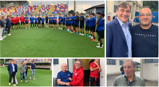 La nuova Solbia del patron Claudio Milanese, sopra accanto al nuovo consigliere del cda nerazzurro Pino Autovino e sotto anche con Barban, Rosio e Battiston sul prato del Chinetti, quindi mister Grieco e il dirigente Mirco Barban appena andato in pensione dopo 39 anni in Polizia