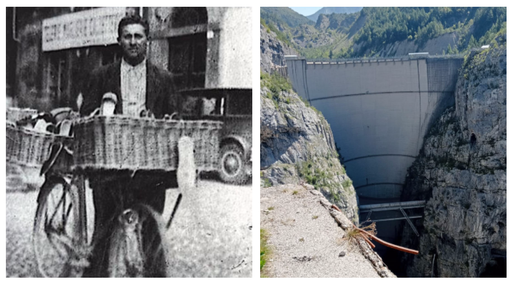 Il calzolaio di Cimolais trasferitosi a Varese Antonio Della Putta (a sinistra) e la diga del Vajont oggi