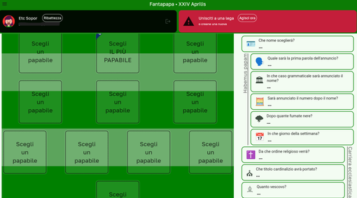 La schermata della "formazione" dei cardinali - Screenshot tratto dal portale fantapapa.org