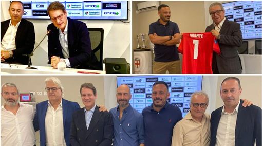 In alto a sinistra il patron del Club Milano Andrea Badini accoglie Stefano Bonfiglio, l'uomo d'affari che possiede il 33% delle quote di Pallacanestro Varese. A destra il tecnico Manuel Scalise ha appena donato la maglia della società al neo sindaco di Pero, Antonino Abbate