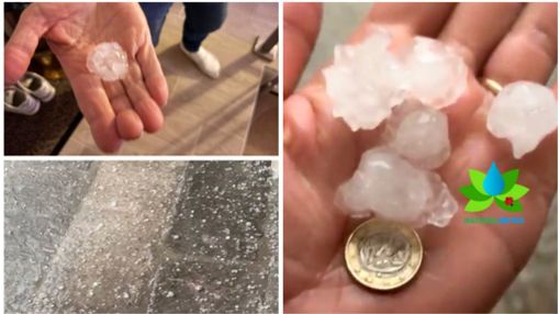 Dall'alto in senso orario i chicchi di grandine caduti al Sacro Monte (foto Livio Lonati) e a Leggiuno (foto NaturalMeteo)