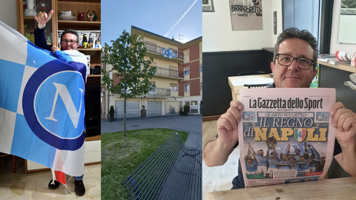 Mariano Ugga felice con la Gazzetta dello scudetto, poi avvolto dal bandierone del Napoli e il suo balcone tornato "azzurro"