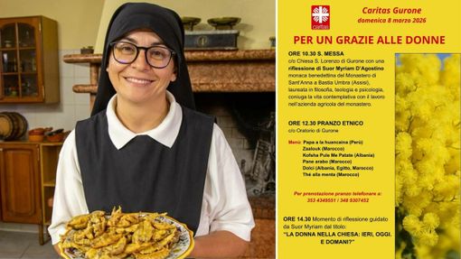 Una foto di suor Myriam D'Agostino dalla pagina instagram "lacucinadellemonache" e la locandina dell'evento di domenica a Gurone organizzato dalla Caritas